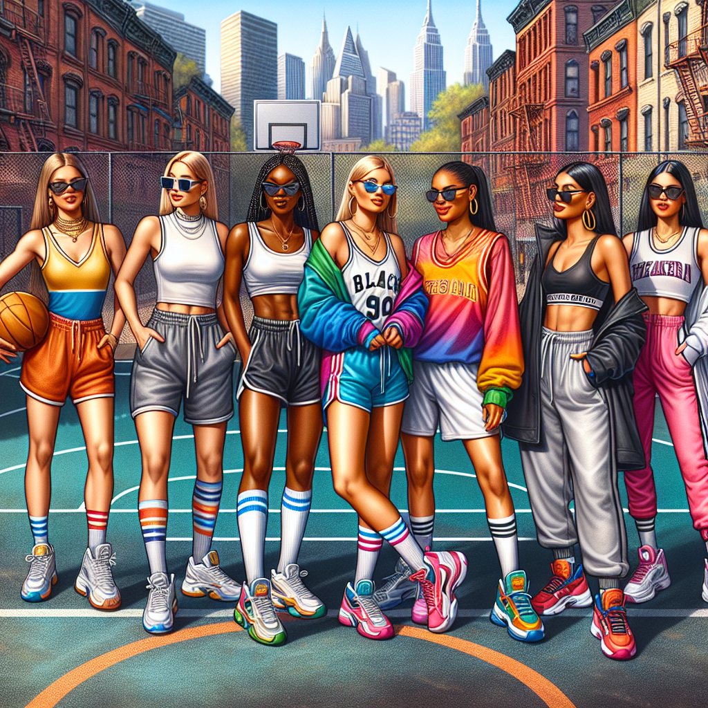 Basketball Game Style: Must-Have Looks for Women A detailed depiction of a sunny outdoor basketball court with a vibrant cityscape in the background. On the court, five women of diverse descents such as Caucasian, Hispanic, Black, Middle-Eastern, and South Asian are participating in a casual, friendly match. They are stylishly dressed in sporty, fashion-forward outfits, each accentuating their individual style. The outfits include tank tops, shorts, joggers, sports jackets, and a variety of flashy sneakers. Emphasize the contrast between the athletic sportswear and the urban setting in the background. The focus is on their attire, showing how fashionable sportswear can be worn in and out of the court.