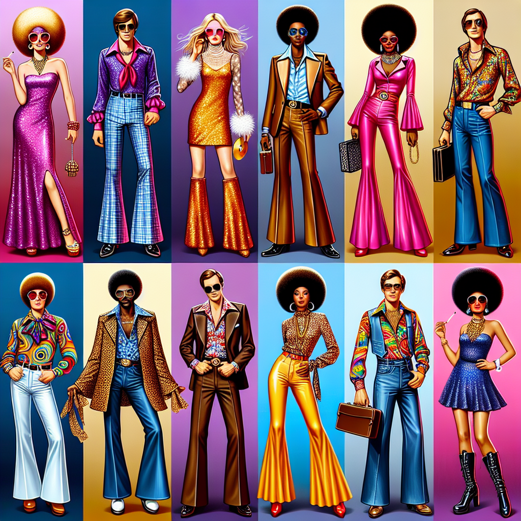 Showcase a variety of classic 70s disco outfits in a range of vibrant, flamboyant colors and patterns. Fabricate a montage of party-goers in their glammed-up attire, each showing off their own unique style. The primary scene will include a Caucasian woman in a dazzling sequin dress, platform shoes, oversized sunglasses and glamorous hair. A Black man in a bell-bottom suit, crisp shirt, shiny shoes, and a gold chain. A Middle-Eastern man in a psychedelic printed shirt, flared jeans, and leather boots. Lastly, a South Asian woman rocking an elegant jumpsuit, feather boa, and afro hairstyle.