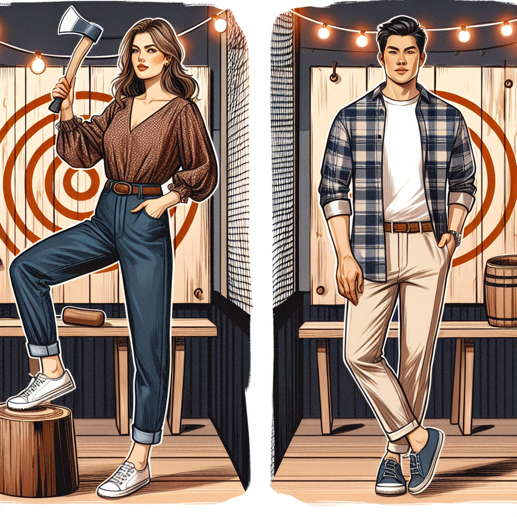Stunning Date Outfits: Effortless Axe Throwing Style A fashion illustration depicting various tasteful date outfit inspirations for an unconventional axe throwing activity. Visualize a Caucasian woman in her mid-30s, comfortably dressed in elevated casual attire composed of dark denim jeans and an earth-toned blouse, eagerly throwing an axe at wooden bullseye. Next to her, a South Asian man in his early 40s, wearing a plaid flannel shirt paired with beige chinos, calmly waiting for his turn. The scene is set in an indoor axe-throwing range, festively lit with string fairy lights, and the vibe is relaxed and enjoyable.