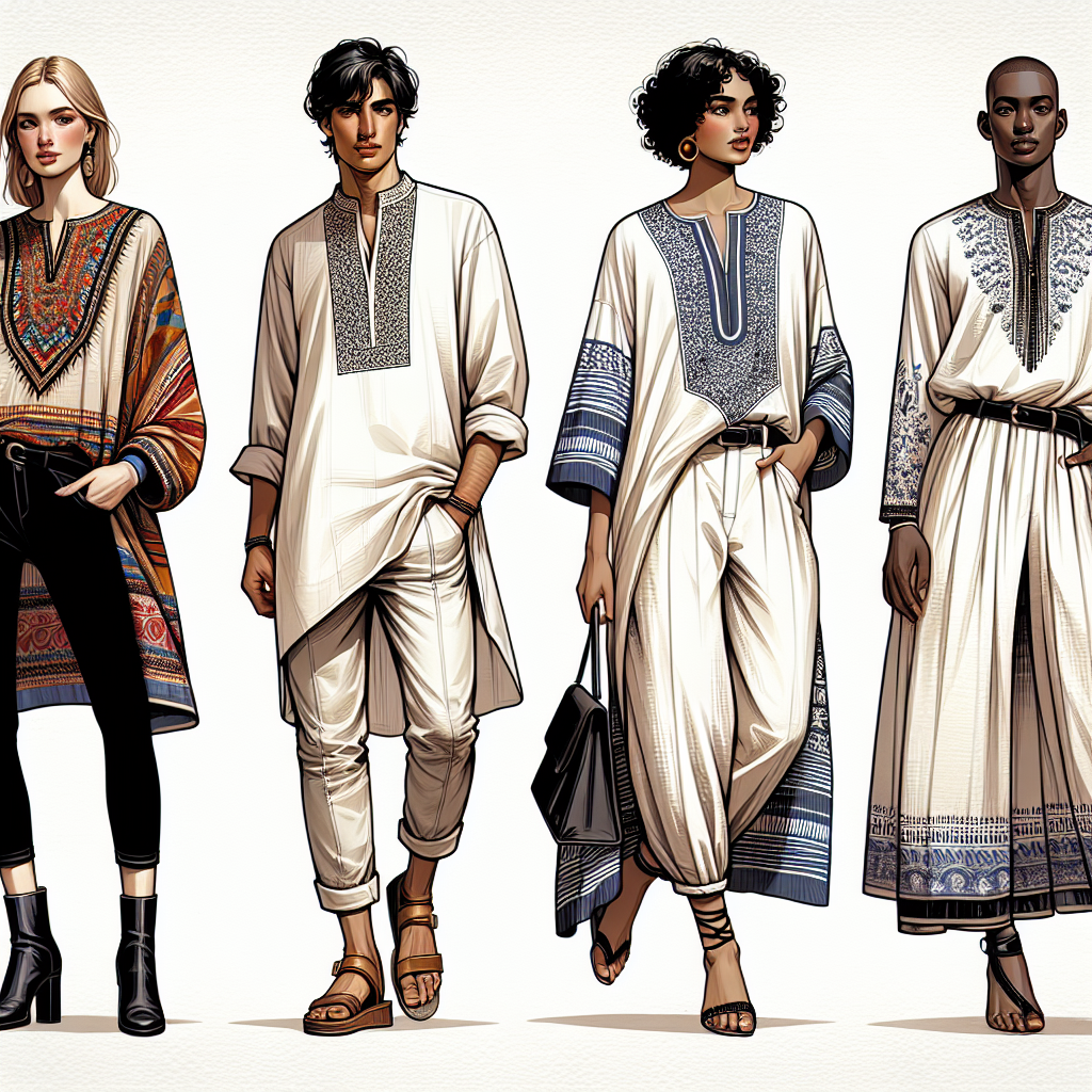 Stunning Outfits to Rock with a Tunic Top An illustrative guide showcasing four different stunning outfits to rock with a tunic top. The first outfit is a Caucasian female wearing a bold, colorful tunic top with black leggings and knee-high boots. The second imagery is a Middle-Eastern male in a simple white tunic top paired with loose linen trousers and leather sandals. The third image is a South Asian woman sporting an embroidered tunic top with pencil jeans and chic ballet flats. Lastly, a Black woman donning a fluid, abstract-patterned tunic top paired with elegant white palazzo pants and strappy heels.