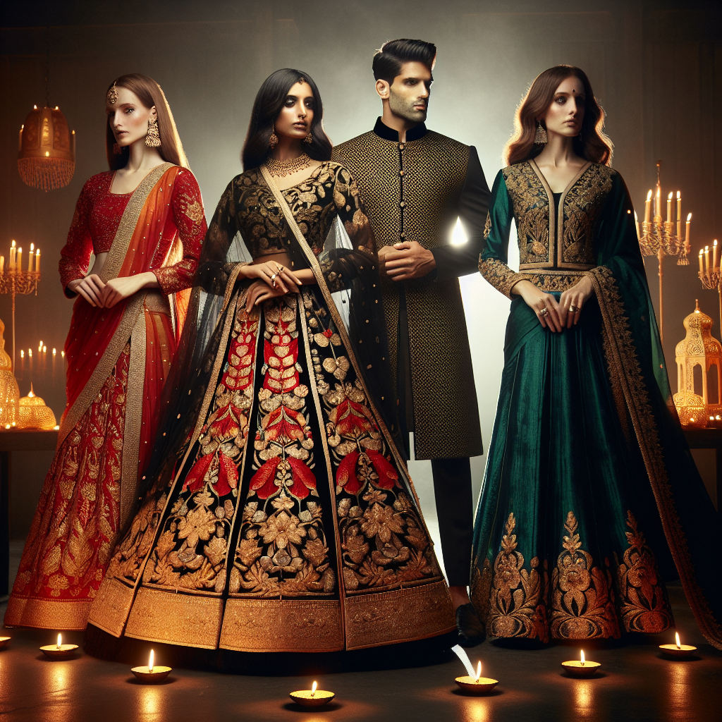 Stunning Outfits for Diwali: Dress to Impress! For the festival of Diwali, imagine a variety of stunning outfits that are both traditional and modern. First, picture a South Asian woman in a vibrant, gold-and-red lehenga, adorned with intricate embroidery and paired with matching jewelry. Next to her, visualize a Middle-Eastern man in a sharp, black sherwani detailed with gold motifs. Lastly, see a Caucasian woman in a sleek, emerald green saree with a contrasting black velvet blouse. All standing next to each other, celebrating the festival of lights, with the background subtly illuminated with diyas.