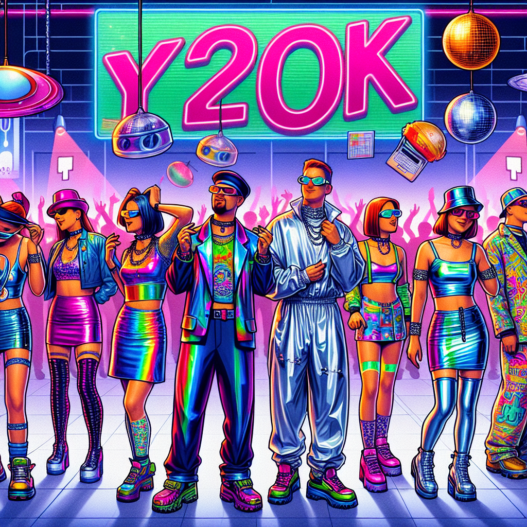 What to Wear to a Y2K Party: Stunning, Effortless Picks Imagine a party scene illustrating the spirit of the early 2000s, popularly known as the Y2K era. Elements include people in vibrant and reflective clothing with futuristic designs. On men, think oversized suits and shiny shirts, while on women, imagine metallic mini-skirts, halter tops, and chunky shoes. Additionally, everyone wears funky accessories like tinted sunglasses, chokers, and bucket hats. The scene denotes fun, energy, and youthful rebellion. Also, the party setting includes a dance floor, neon lights, and disc balls to further encapsulate the Y2K aesthetic.