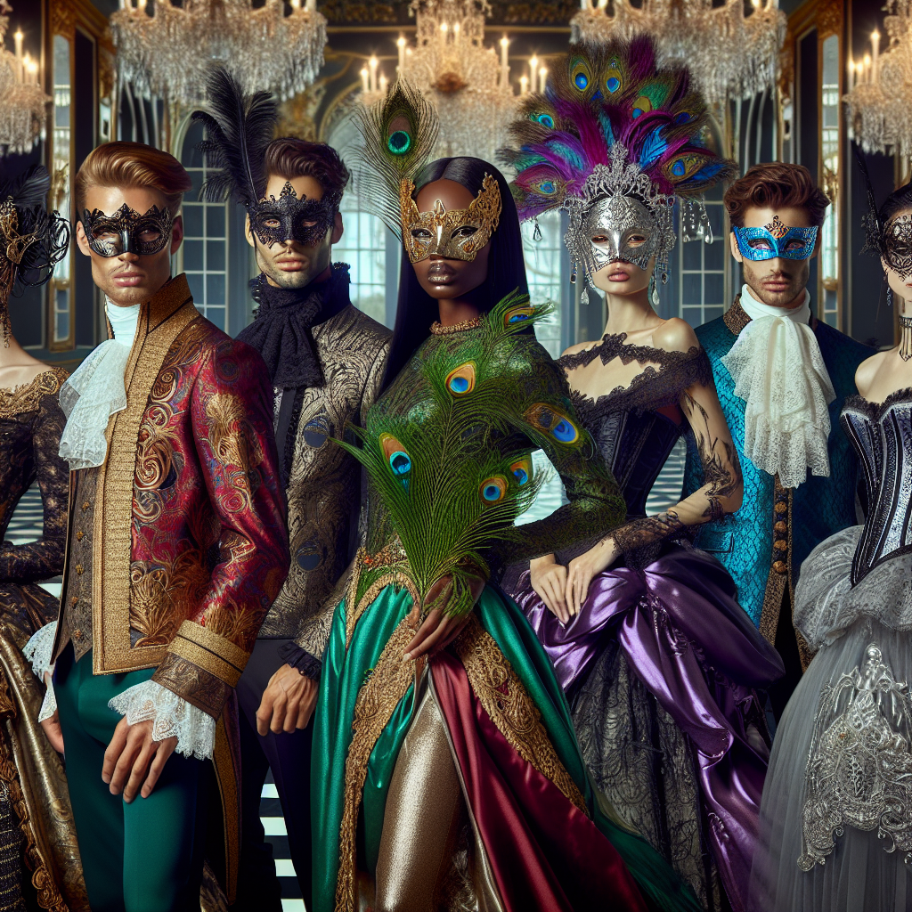 Stunning Masquerade Outfits: Find Your Perfect Look Image of a fashion showcase featuring a diverse range of individuals in stunning masquerade outfits. Include a South Asian male elegantly dressed in a gold and crimson costume with an ornate mask, a Black female adorned with a green and silver ensemble with a peacock feather mask, a Hispanic woman in a purple and black Victorian-inspired outfit with a lace mask, and a Caucasian male in a blue and white baroque outfit with a matching mask. The background should suggest a grand, luxuriously decorated ballroom with sparkling crystal chandeliers and mirror-finished marble floor.