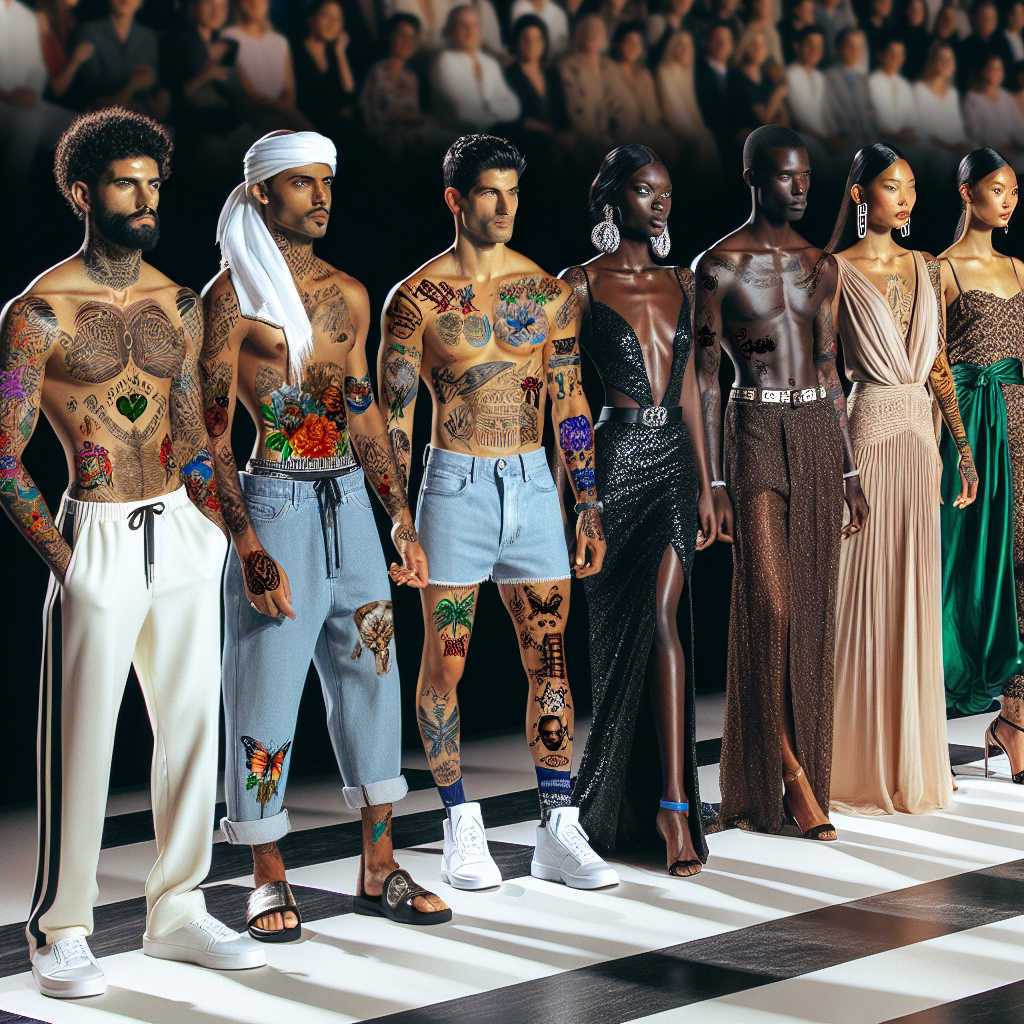 Stunning Outfits for Your Hip Tattoo Day An image showcasing a variety of stylish fashion outfits that are especially designed to show off trendy hip tattoos. The outfits should range from cool beachwear to elegant evening wear. Each outfit is worn by a different person, displaying a wide range of descents and genders. A Middle-Eastern man in a hip-hugging swimsuit, a South Asian woman in a cropped top and low-rise jeans, a Black woman in a glamorous side-slit gown, a Caucasian man in low-slung shorts, and a Hispanic woman in a semi-sheer wrap skirt. All of them showcasing their unique, colorful hip tattoos. The setting is a fashion runway, with the audience and professional photography equipment in the background.