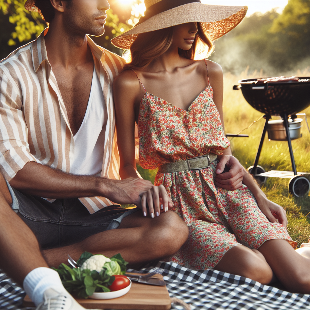 Visualize a romantic and casual barbecue setting, under the warmth of a golden afternoon sun. Place a couple dressed up for their date. One partner, a South-Asian man in a breezy cotton shirt with rolled-up sleeves, paired with dark denim shorts. The other partner, a Caucasian woman in a vibrant floral sundress completed with a straw hat. In the natural background, include a grill firing up with delicious food and a checkered picnic blanket spread for two.