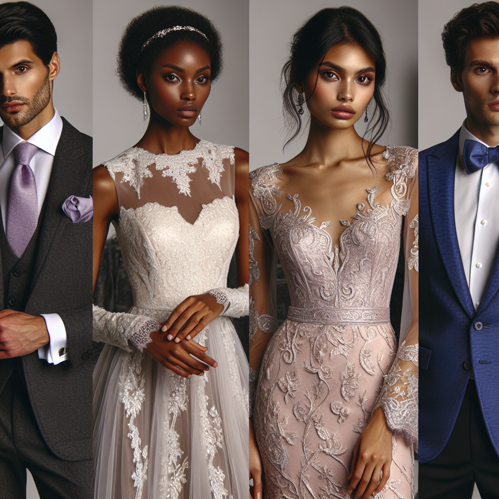 Imagine a scene where four people are showcasing stunning outfits for vow renewals. The first person, a Hispanic man, is dressed in a sharp charcoal grey suit with a lavender tie. The second person, a black woman, is wearing an effortlessly chic ivory lace dress with pearl accessories. The third person, a Caucasian woman, is elegantly arrayed in a blush pink long-sleeved gown with silver accents. Lastly, the fourth person, a South Asian man, is clad in a royal blue tuxedo with a bowtie. Each outfit exudes sophistication and effortless style, perfect for a vow renewal ceremony.