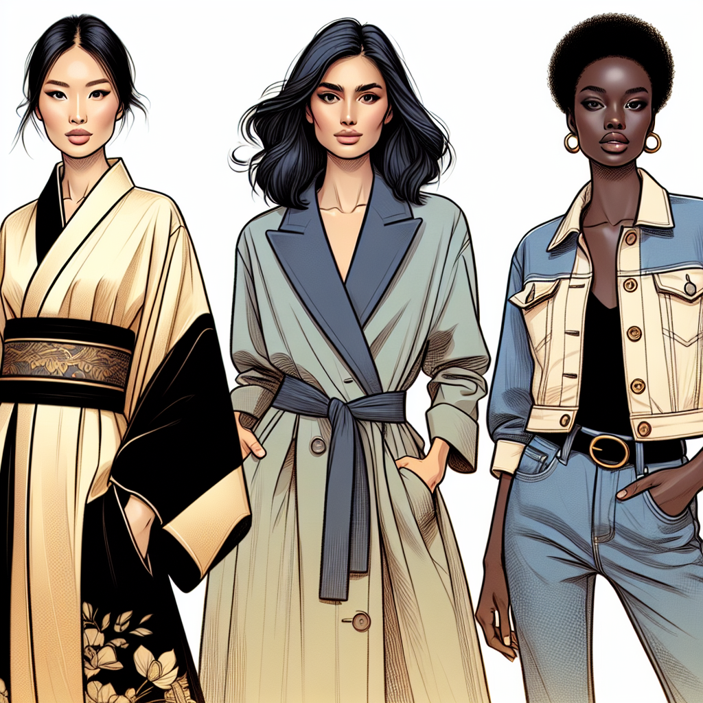 Chic Alternatives to Blazers for Every Woman Design an image showcasing various alternatives to blazers for women. On the far left, depict a South Asian woman in a polished silk kimono. In the center, illustrate a Middle-Eastern woman draped in a refined, tailored trench coat. On the far right, portray a Black woman wearing a stylish denim jacket. Let color, fabrics, and designs come through, emphasizing the elegance and diversity of individual styles. Each woman should be confident and radiant, embodying empowerment and personal expression through fashion.