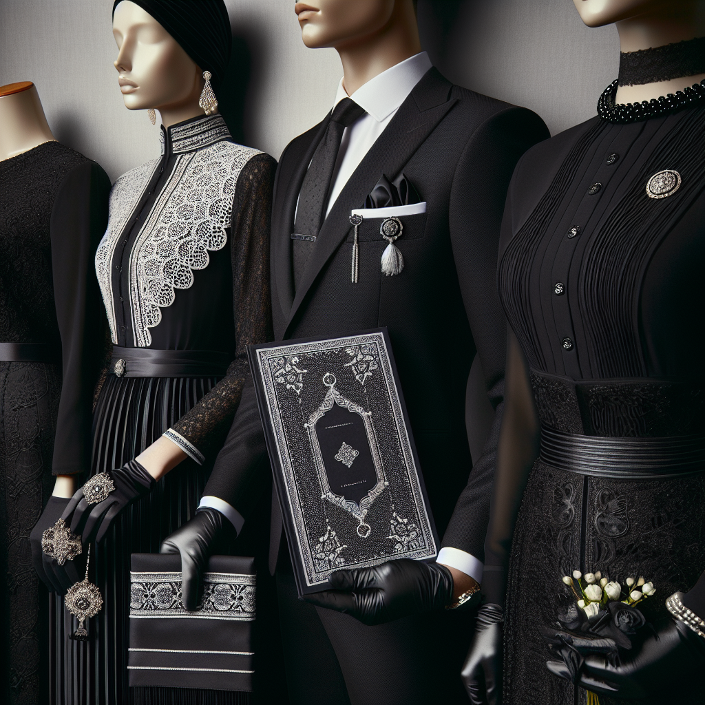 Stunning Funeral Attire Guide: Dress with Dignity A carefully curated guide to elegant funeral attire displayed in a tasteful manner. The guide showcases an array of clothing typically suitable for memorial services. This includes a black mourning dress embellished with white lacing worn by a Middle-Eastern woman, a sophisticated black suit adorned with a silver brooch worn by a Caucasian man, and a dark, tasteful saree worn by a South Asian woman. Subtle accessories like pearl earrings or pocket squares complement the overall look, while black-gloved hands holding a folded funeral program serve as key elements to the guide.