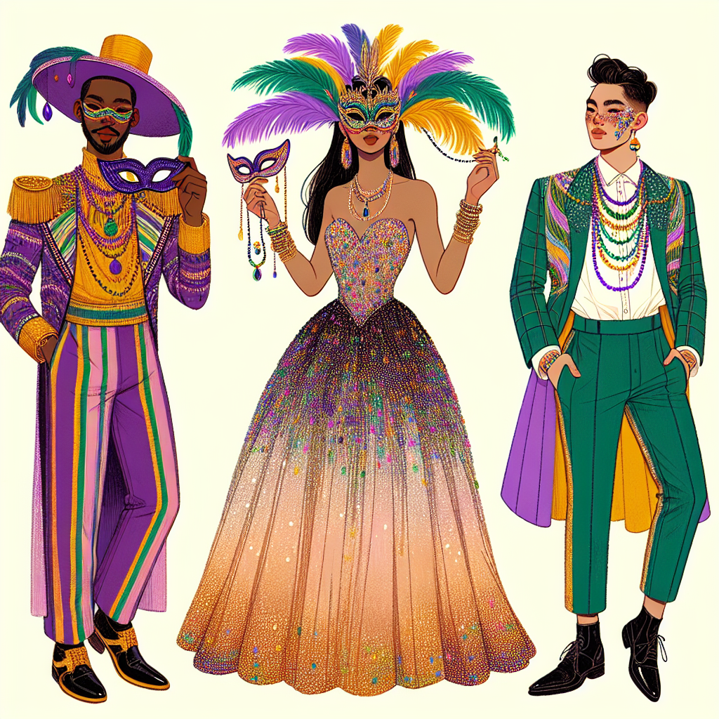 Drawing inspiration from the vibrant celebrations of Mardi Gras, imagine three individuals showcasing their unique style. The first person, a Hispanic man, is showcasing bold colors with a feather headdress and mask. The second person, a South Asian woman, brings a modern twist to traditional attire with a sequined gown paired with a colorful bead necklace. Lastly, a Middle-Eastern non-binary individual presents a stylish suit with a twist by embracing the Mardi Gras colors of purple, green, and gold. These outfits express the diversity and creativity that Mardi Gras invites.