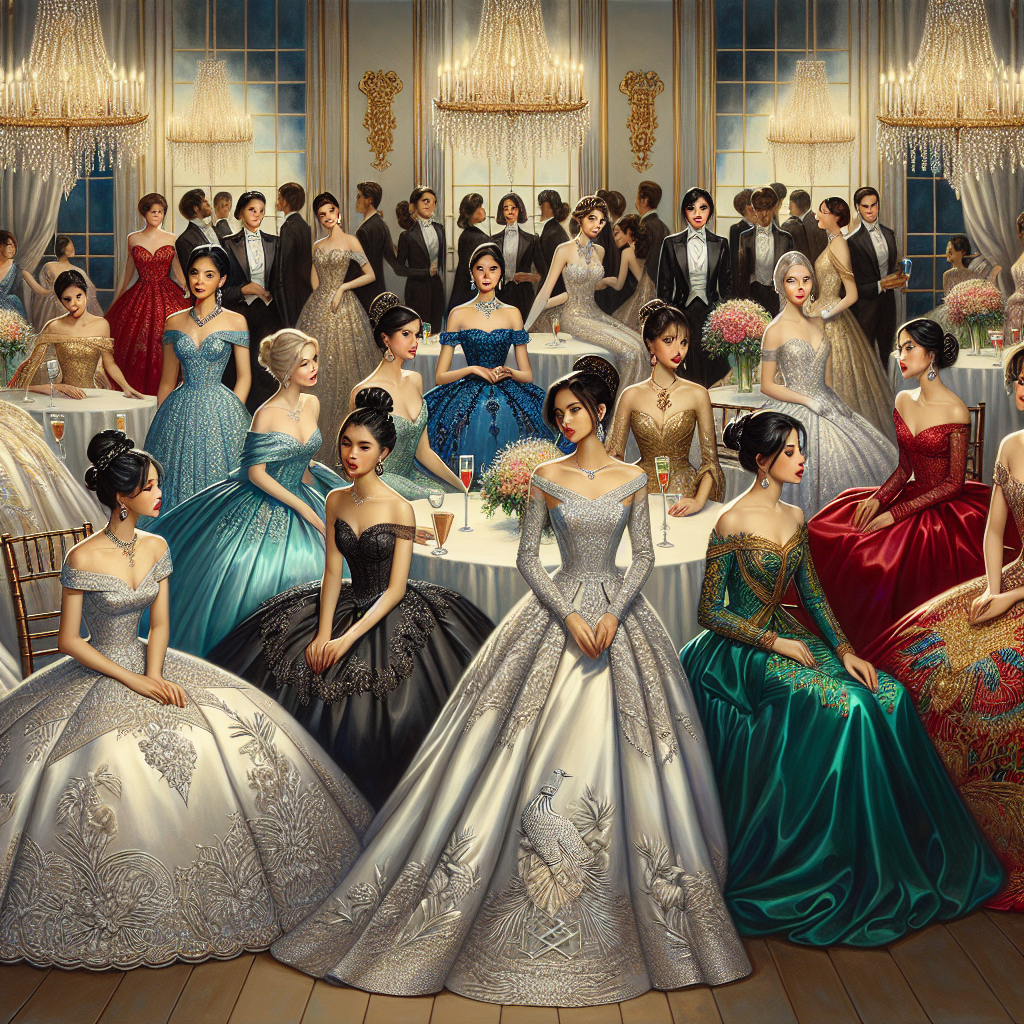 Stunning Debutante Ball Attire: Dress to Impress! Paint a picture of a grand ballroom filled with diverse group of debutantes. A Black debutante is wearing an opulent, ice-blue satin dress adorned with intricate silver embroidery. A Hispanic debutante in a crimson silk, off-shoulder gown, with a trail of ruby embellishments trailing down to her feet. An East Asian debutante in a gold tulle gown with a unique peacock feather-inspired train. A Middle-eastern debutante in an emerald green silk dress, adorned with delicate golden stringwork. All of them are elegantly coiffed and accessorized, epitomizing grace and glamour. Lots of chandeliers, champagne glasses and beautiful flowers around. This scene is a nod to classical womanhood and high society.