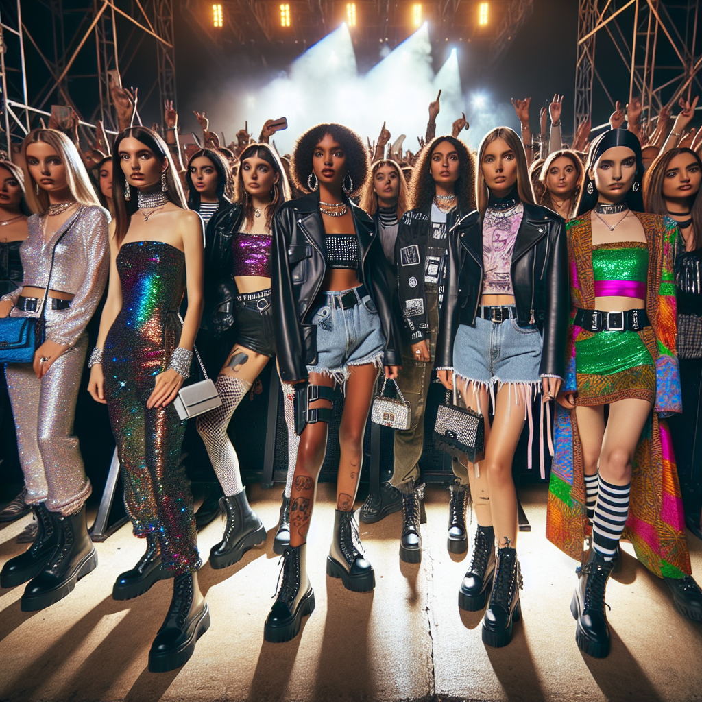 Stunning Outfits for The Weeknd Concert - Must-See Styles! Picture a crowd of fashion-forward individuals attending a musical concert setting. Visualize a variety of stunning outfits: sparkly jumpsuits worn by Caucasians, leather jackets and neon accessories on South Asians, chic crop tops and wide-leg jeans for Hispanic individuals, edgy black dresses paired with combat boots on Middle-Eastern attendees, and vibrantly-patterned outfits on Black individuals. Remember the setting is a night-time concert with bright, colorful stage lights illuminating the excited crowd.