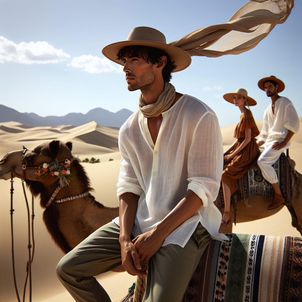 Stunning Outfits for a Camel Ride in Cabo: Dress to Impress! A fashion exhibition in a desert near Cabo. In the foreground, a South Asian man in casual contemporary clothing is sitting on a decorated camel. He's sporting a white, loose, long-sleeve shirt, a beige scarf flying in the breeze, and khaki pants. In the middle ground, a Caucasian woman is dressed in a casual yet stylish outfit suitable for a camel ride. She's wearing a lightweight dress in earth tones, a straw hat for sun protection and brown ankle boots. The background is a picturesque dune landscape under a clear blue sky.