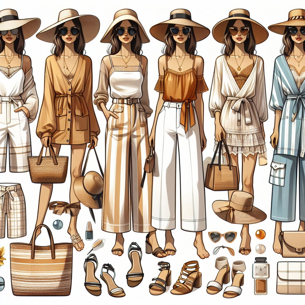 Must-Have Resort Outfits: Effortlessly Chic Choices Create an image featuring a collection of fashionable resort outfits that portray effortless chicness. The outfits should include a range of different styles suitable for various holiday activities, including lounging by the pool, dining at a fancy restaurant, taking a stroll along the beach, and exploring local attractions. The outfits should display stylish and calming colour palettes, lightweight materials, and clever layering, demonstrating the endless combinations one can create for a fashionable resort getaway. Include details such as wide-brimmed hats, sunglasses, strappy sandals, tote bags, and statement jewelry as important accessories to complete the looks.