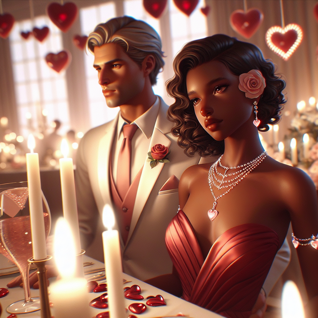 Must-Have Styles: What to Wear to a Valentine's Day Wedding Imagine a beautiful scene of a Valentine's Day wedding. Visualize a couple, a Caucasian man and a Black woman, both elegantly dressed. The man is wearing a classic white tuxedo with a pink tie and a rose corsage. The woman is adorned in a sophisticated red dress with a sweetheart neckline, complemented by a glass bead necklace. Intricate heart motifs are scattered across the wedding venue, subtly hinting at the Valentine theme. Soft, romantic candlelight bathes everything in a warm, inviting glow. The atmosphere symbolizes love in the air and the promise of a shared future.