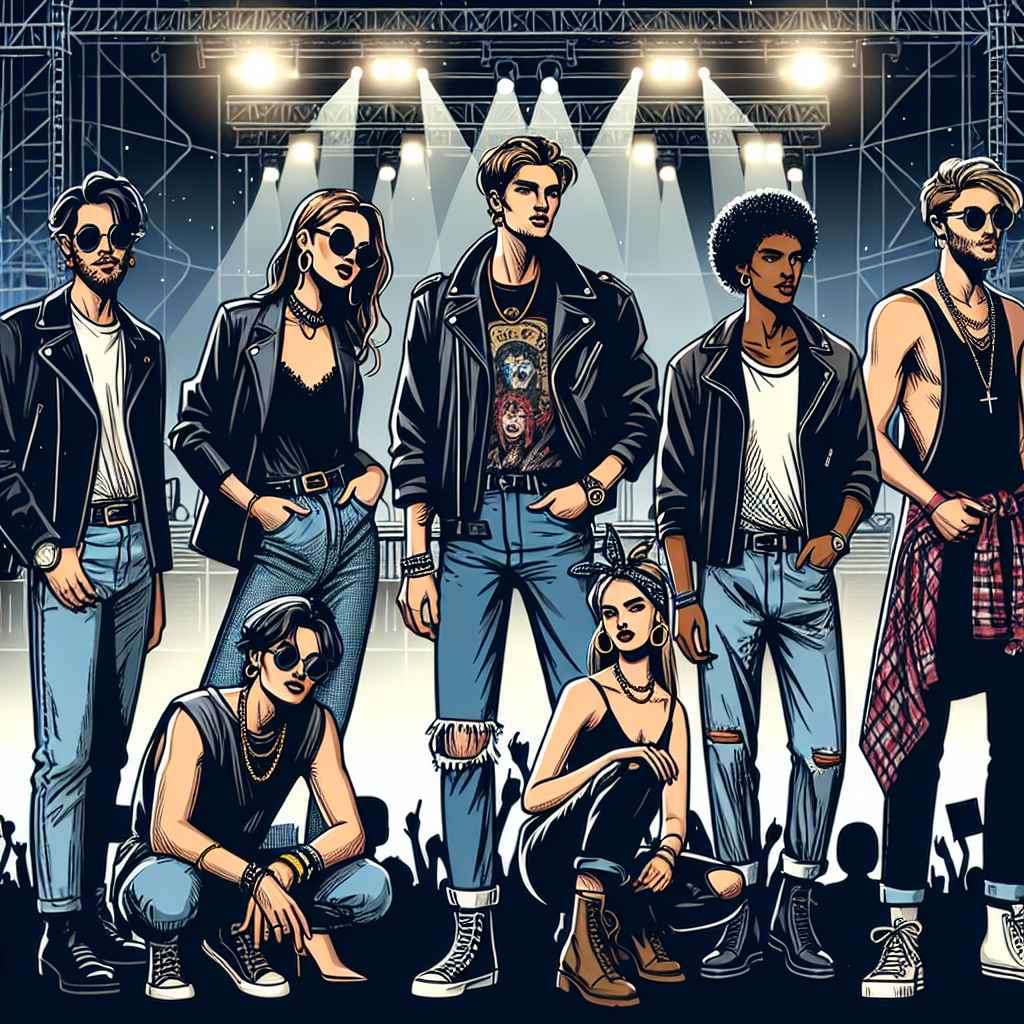 Visualize a stylish audience at a rock concert in the outdoors during the night. Focus on depicting a diverse collection of individuals showcasing effortless style tips suitable for a concert scenario. In the scene, include a South Asian woman in a casual black leather jacket and blue denim jeans, a Hispanic man wearing a vintage band t-shirt accessorized with a long chain necklace, a Black woman layering a flannel shirt over a tank top, a Middle-Eastern man donning a cool graphic tee with ripped jeans, and a Caucasian woman stylishly rocking a concert look with a classy black dress paired with a denim jacket. In the background, incorporate minimal concert stage elements like floodlights and sound equipment.