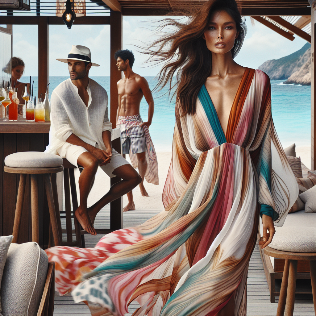 Stunning Resort Wear: Effortless Elegance Unlocked A fashion image depicting a scene at a luxurious beach resort. In the foreground, a South Asian woman is seen in an elegant, breezy multi-colored kaftan that beautifully rustling in the seaside wind. Behind her, a Middle-Eastern man is relaxing in a stylish white linen shirt paired with pastel shorts, a Panama hat on his head. Further back, a Caucasian woman wearing a vibrant, flowy maxi dress is walking towards the bar, while a Black man in a trendy sleeveless shirt and striped board shorts observes the scenes unfolding. The ambiance waves a feeling of effortlessness and elegance, portraying a picture of comfortable and stylish resort wear.