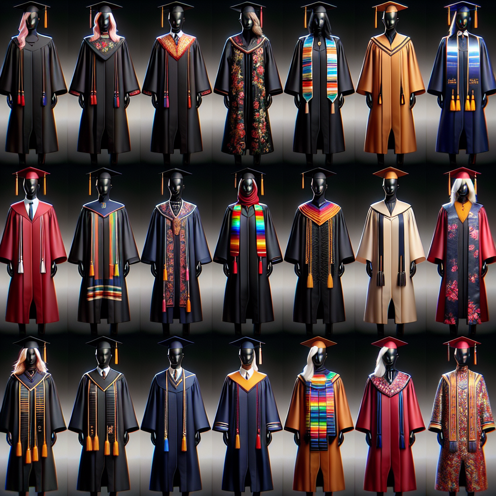 Must-Have Styles for Under Graduation Gowns Generate an image showcasing multiple under graduation gowns in different 'must-have' styles. Display a collection of several designs, including classic black, vibrant hues, and elegant patterns, crafted with fine materials like silk or matte finish fabric. Integrate unique elements such as diverse cap decorations, tassels or cords, and customized stoles. Each gown should be showcased on a mannequin, and each mannequin should be representative of different descents and genders: Caucasian female, Black male, Hispanic female, Middle-Eastern male, South Asian female, and White male. Capture a balance of tradition and personal expression in this dynamic visual.