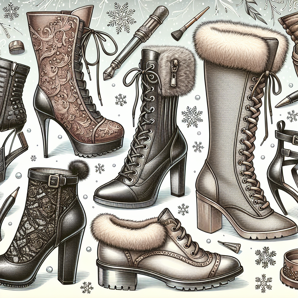 Must-Have Shoes for Winter Dresses: Effortless Style Create a detailed image, showcasing a stylish array of shoes designed for winter conditions. These shoes should express a blend of practicality and style, suitable for pairing with winter dresses for an effortless yet fashionable look. Add a frosty background to set the winter ambiance. Include a variety of shoe styles such as ankle boots, knee-high boots, stilettos with fur detailing, and lace-up boots with chunky heels. Decorate the scene with ornamental details like intricate lace patterns, shiny buckles, and discreet yet functional zippers. Remember to diversity in the materials and colors of the shoes too.