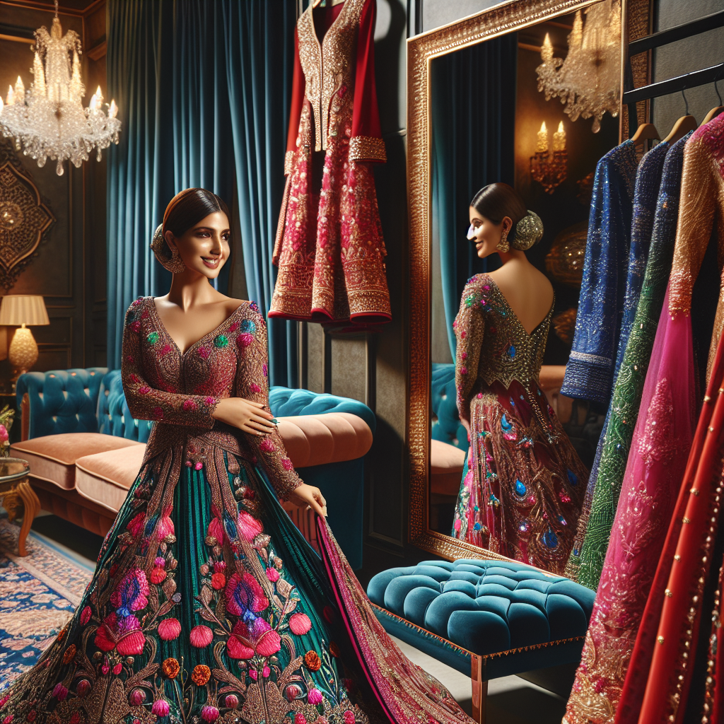 Stunning Styles for Walima: Find Your Perfect Match! A scene featuring a South Asian woman trying on exquisite Walima attire in a luxurious dressing room. She is holding up a brightly colored, ornately decorated outfit to her body, reflecting on her image in a full-length mirror. The dressing room has velvet curtains, a chandelier, and a plush ottoman. There are several other gorgeous outfits in deep red, emerald green, and royal blue hues hanging in the background. The expression on her face communicates joy and excitement as she is about to choose her perfect dress for the Walima event.