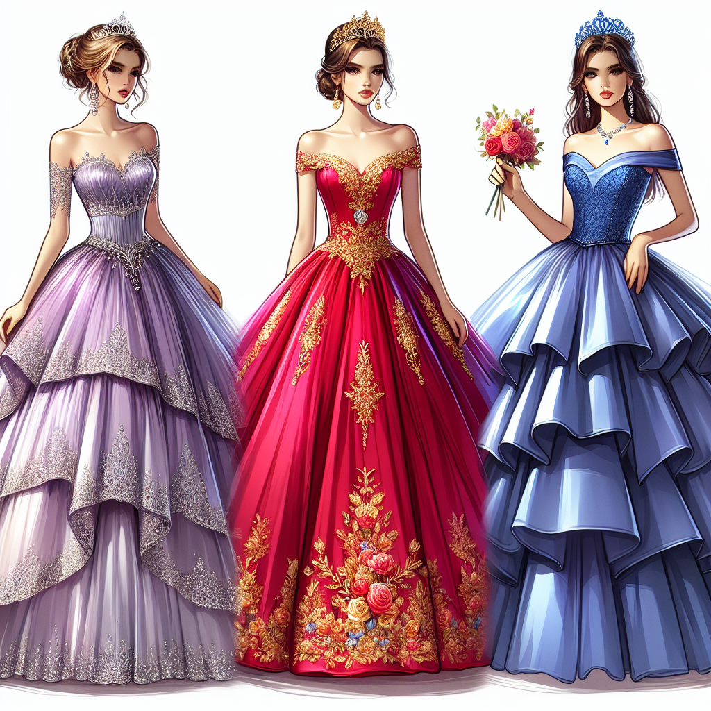 Stunning Quinceañera Dresses: Find Your Perfect Match! Create an illustration of three various stunning Quinceañera dresses. The first dress is a flowy lavender-colored ball gown with intricate silver beadwork around the waist and bust, topped with a diamond tiara. The second dress is a bright red A-line dress, with gold embroidery details on the bodice and skirt, complemented with a golden floral crown. The third dress is a royal blue off-shoulder dress with a mermaid silhouette and a layered tulle skirt, adorned with a blue satin headband. Each dress is displayed on a mannequin that matches the Hispanic descent of the celebrant. The scene captures the excitement and joy of finding the perfect Quinceañera match.