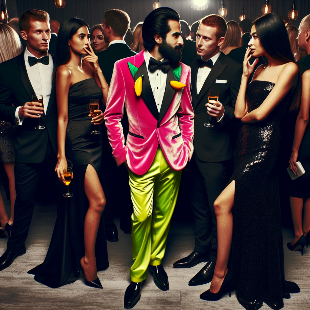 Stunning Black Tie No-Nos: Dress to Impress! Imagery of a classy cocktail event. Amidst the chic crowd, one person is visibly standing out due to their eccentric fashion choices. Three people dressed impeccably are exchanging secret glances and casual whispers, expressing their disapproval subtly. The eccentric individual is a Middle-Eastern man wearing a neon colored tuxedo despite the black-tie dress code. The three critics are a South Asian woman in a sleek black gown, a White man in a classic black tuxedo and a Hispanic woman adorned with an elegant black cocktail dress.