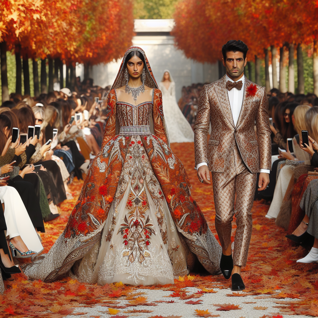 Fall Wedding Fashion: Find Your Perfect, Stunning Look An autumn-themed fashion show occurring outdoors amongst the vibrant, russet hues of fall leaves. In the foreground, a South Asian woman dons an elegant wedding dress correlating with the atmosphere, displaying intricate, ethnic-inspired patterns mingling with more traditional Western wedding dress elements. A Middle-Eastern man is seen in a classy, tailored suit integrating autumnal colors, demonstrating the groom's fashion. They are on a runway, with audience marveling their outfits. Accessories and shoes matching their ensembles are clearly visible.