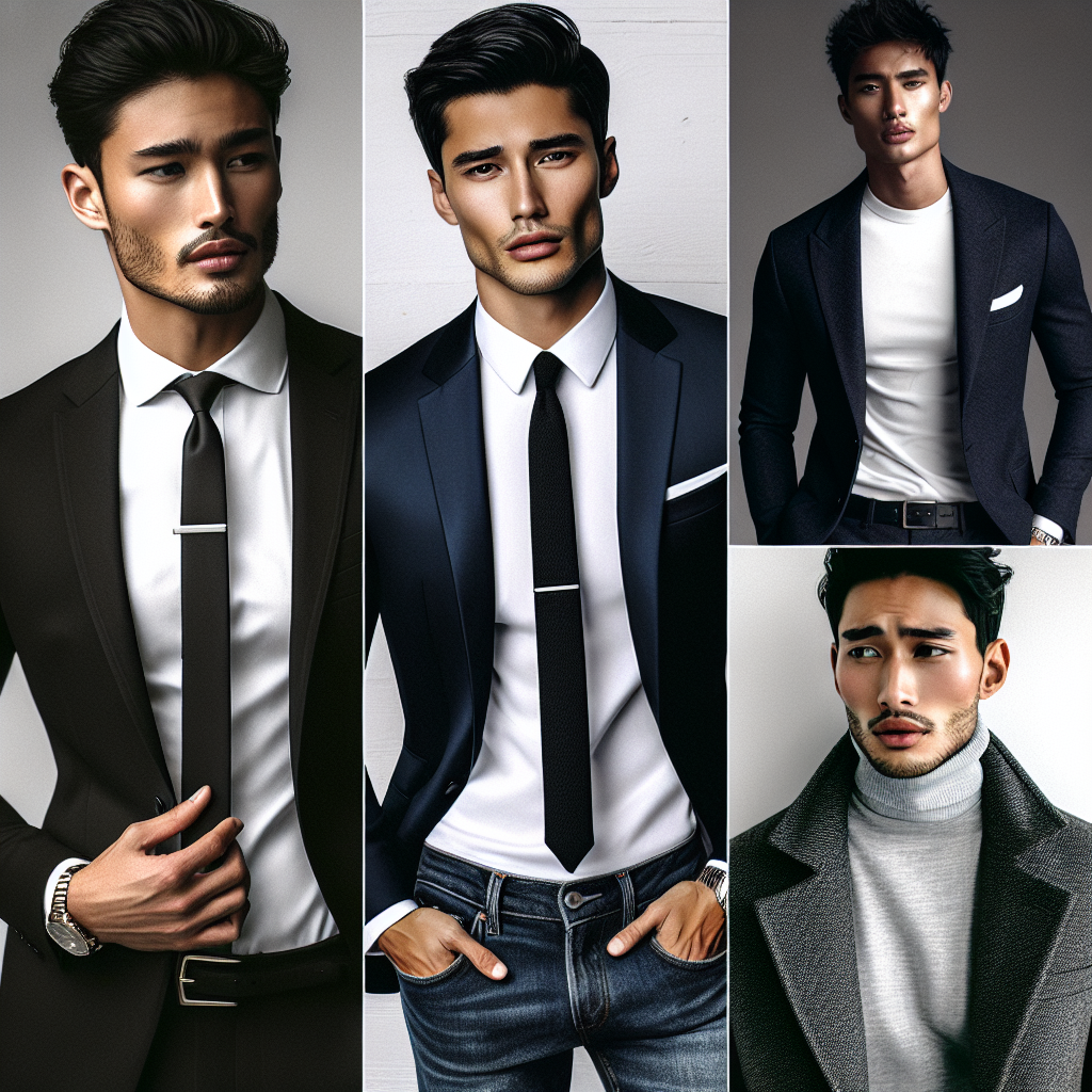 Must-Wear Headshot Outfits for Men: Effortless Style Picture this: A collection of stylish and sophisticated outfits for men, ideal for professional headshot photography. There's a classy black suit worn by a gentleman of Hispanic descent, the sleek lines of the suit complemented by a crisp white shirt and an elegant black tie. Then, an Asian man presents a relaxed, yet chic vibe in a smart casual ensemble, rocking a clean white t-shirt under a navy-blue blazer. Lastly, a South Asian man looks effortlessly trendy in a classic turtleneck paired with a charcoal gray sport coat. These outfits represent the epitome of effortless male fashion.