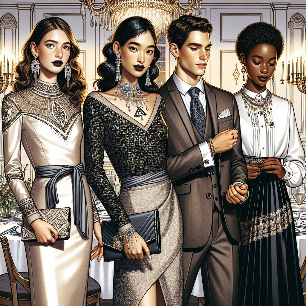 What to Wear to a Bat Mitzvah: Stunning Guest Styles Visualize an elegant setting, a Bat Mitzvah celebration with guests in stunning attire. Show a South Asian woman in an embellished cocktail dress, holding a clutch purse, and a Hispanic man in a refined suit, fastening his cuff links. Additionally, show an African woman in a stylish blouse and skirt combination, adorned with a statement necklace. Give a feeling of festive and respectful atmosphere, with elements like a Menorah and Star of David motif in the background subtly referencing the occasion.