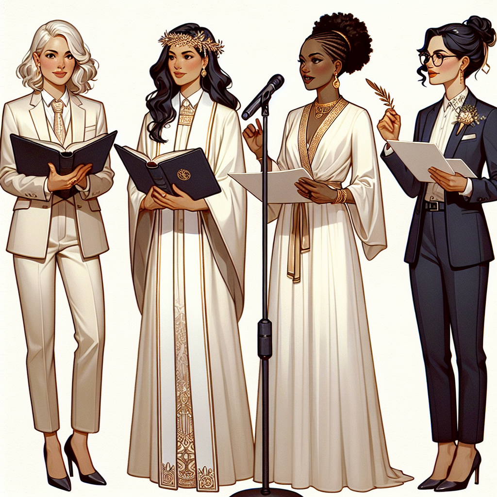 Wedding Officiant Style: Must-Have Looks for Women Generate an image showcasing a variety of must-have looks for female wedding officiants. It should include four women of different descents: a Caucasian woman in a sophisticated cream colored pant suit with a ceremonial book in hand; a Hispanic woman in an elegant white robe, reading from a scroll; a Black woman in a formal jumpsuit and ornate gold necklace, holding a microphone and speaking to an audience; and a Middle-Eastern woman in a tasteful navy blue blazer-dress, gesturing to a couple with a feathered quill. Each woman should exude the professional grace and poise expected of wedding officiants.