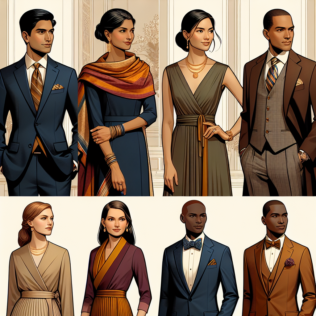 Stunning Outfits for Swearing-In Ceremonies: Effortless Elegance Create an image showcasing a variety of elegant outfits appropriate for swearing-in ceremonies. The first outfit is on a South Asian man, which includes a beautifully tailored dark suit with a silk tie. Next, visualize a Hispanic woman in a tasteful, knee-length dress in a rich, jewel tone, accessorized with a delicate gold necklace. Thirdly, depict a Caucasian woman in a sophisticated pantsuit in a neutral color, accented by a vibrant scarf. Lastly, show a Black man in a stylish, modern tuxedo with a bow tie. These individuals should be standing against a background indicative of such a momentous occasion.