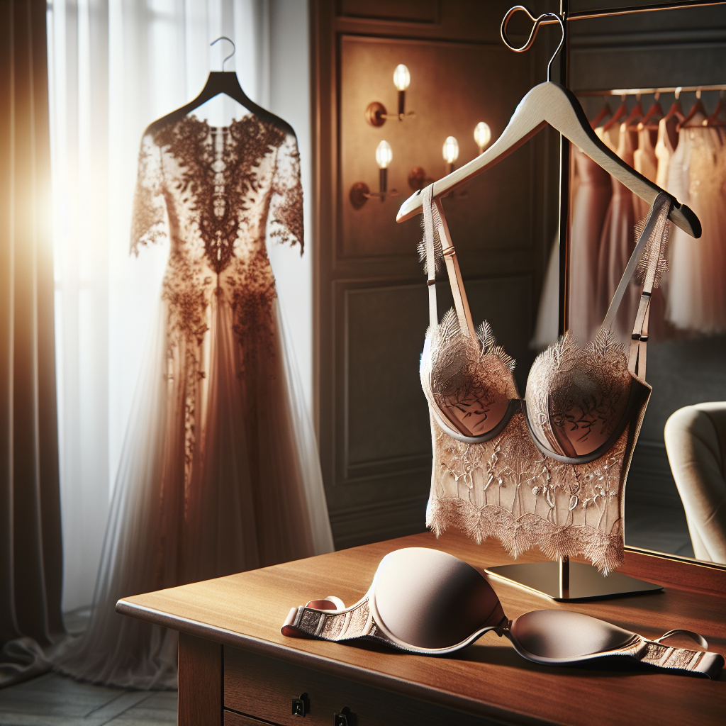 Showcase a stunning and elegant scene of a classy dressing room. A beautifully detailed backless dress, made of lace and silk, hangs delicately on a hanger aglow with soft lighting. Next to it, on a polished wooden table, lies an innovative and sleekly designed bra crafted for backless dresses. The lingerie, in a soft hue of blush pink, blends comfortable design with state-of-the-art support. It shows the best of lingerie innovation in perfect harmony with timeless fashion elegance.