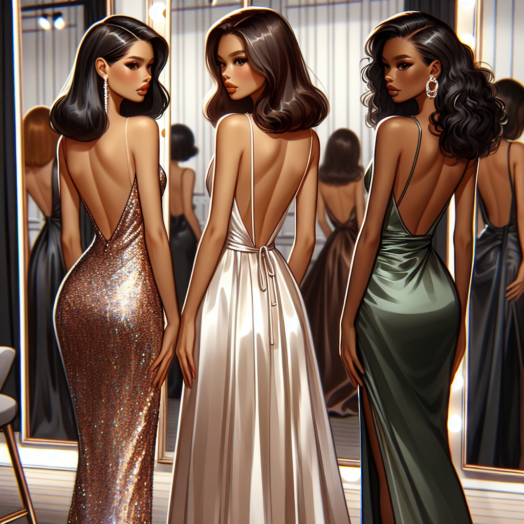 Stunning Choices for Backless Dresses: Find Your Perfect Match! Image depiction of diverse fashion choices in backless dresses. The first gown should be a sequined, form-fitting piece worn by a South Asian woman. The second dress is a silky, draping number adorned by a Caucasian woman. The third is a bold, structured design donned by a Black woman. All three women are located in a chic, stylish dressing room with mirrors and soft lighting, looking at their reflections and very pleased with their outfits. This collection of elegant attires serves as the perfect image for readers looking for backless dress options.