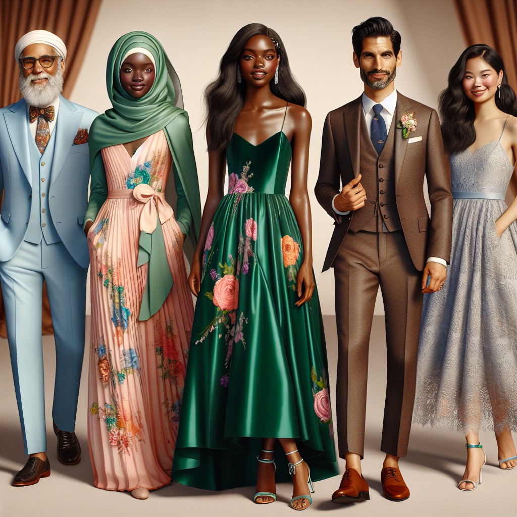 Image of various non-Muslim wedding guests in stunning outfits. To the left, there is a middle-aged South Asian man in a vibrant pastel suit and to his right, a young Caucasian woman in an elegant sundress with floral motif. In the center, a Black woman is donning a sophisticated emerald green gown, while a Middle-Eastern man stands in an earth-toned three piece suit. To the far right, an East Asian man is seen in a tailored navy suit and a Hispanic woman in a knee-length lace dress. All are standing together joyously in a lavish wedding venue.