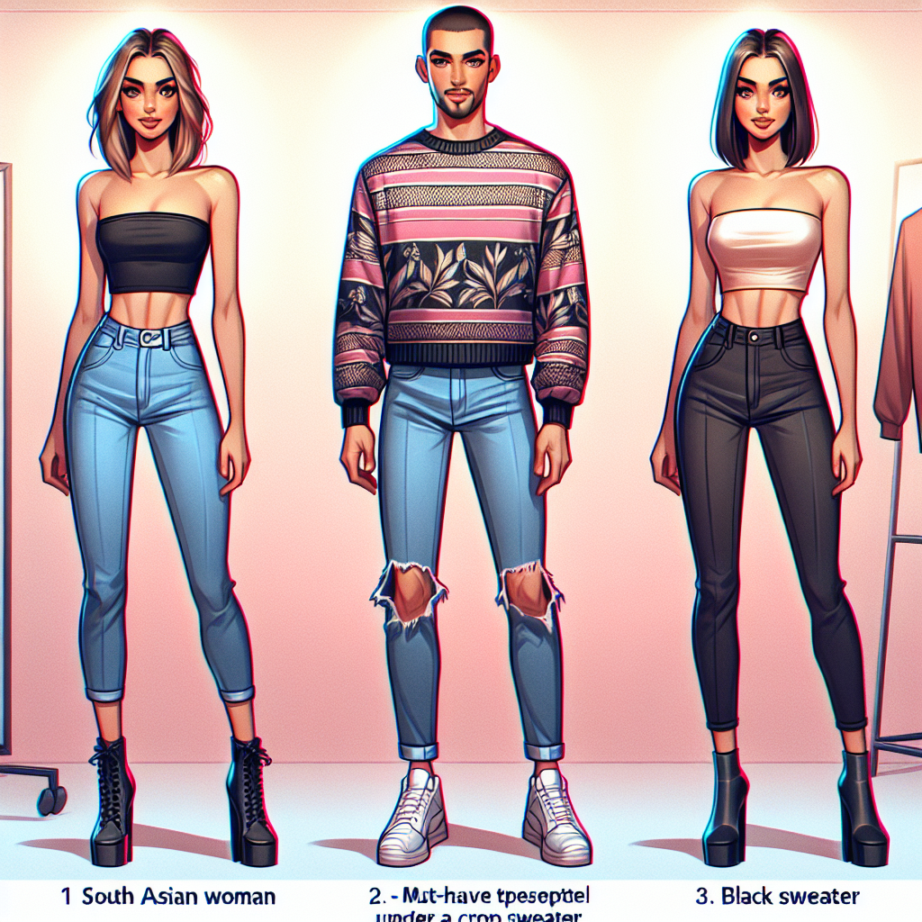 Must-Have Styles: What to Wear Under a Crop Sweater Create an image showcasing various must-have styles appropriate to wear under a crop sweater. Picture a setting in a trendy fashion boutique. Show three different outfits: (1) a South Asian woman dressed in high-waist skinny jeans in a unique color, (2) a Hispanic man wearing an edgy printed T-shirt, and (3) a Black woman sporting an elegant tube top. The crop sweaters worn by each person should contrast pleasantly with the clothes underneath. Populate the scene with modern fashion accessories and ensure the lighting gives a warm and inviting vibe to the space.