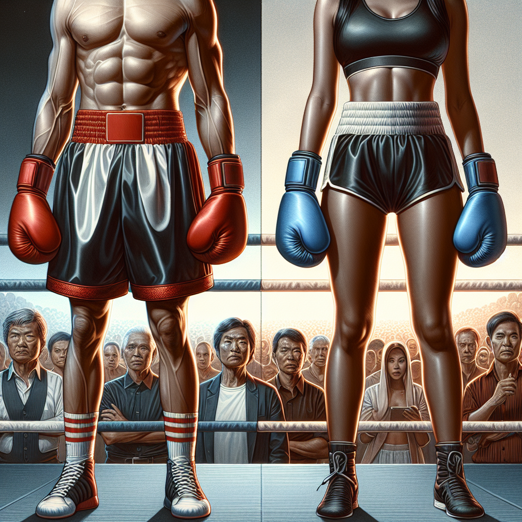 Boxing Match Styles: Effortless, Must-Have Attire An in-depth illustration portraying the different styles of attire worn by boxers in the ring. On one side, an Asian male wearing traditional satin shorts with a wide elastic waistband, accessorized with red boxing gloves and a gumshield. On the other side, a Black female in modern, fitted synthetic material shorts and a sports bra, equipped with blue gloves and a protective headgear. In the background, varying shades of an audience in anticipation, immersed in the captivating sport of boxing. This captivating scene brings forth the effortless and must-have attire for a boxing match.