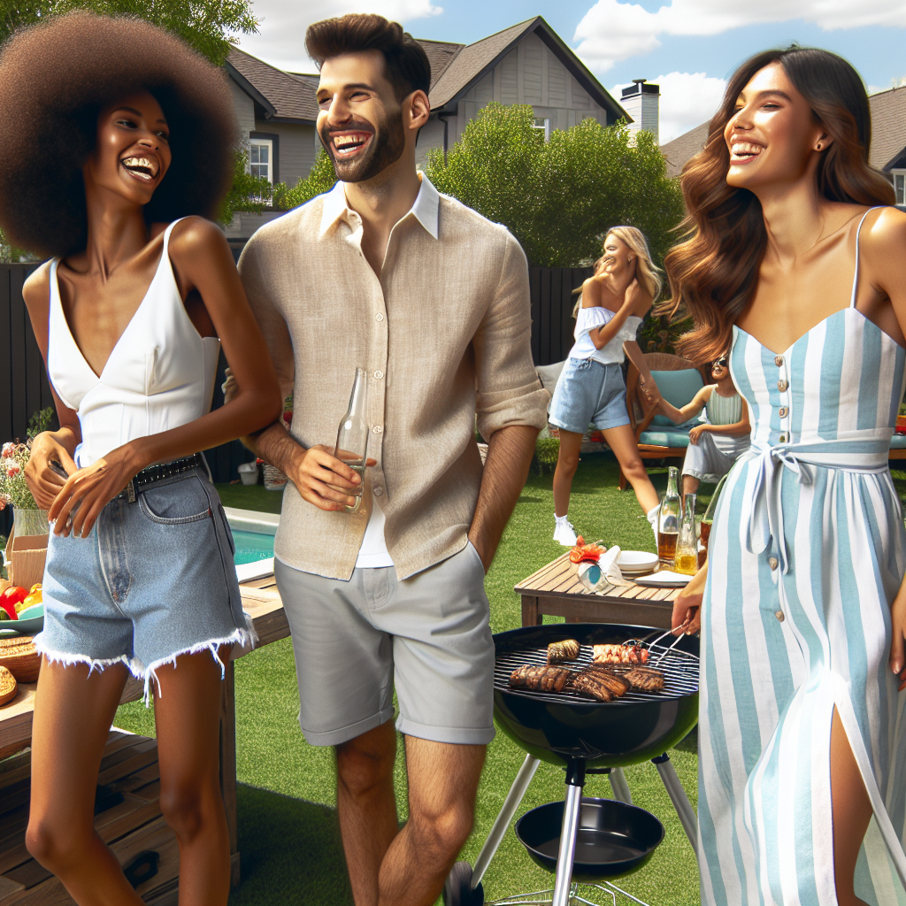 Imagine a scene for a style guide article, showcasing a variety of stunning and effortless outfits suitable for a casual yet chic barbecue event. There are three individuals, each of different descents: a Black woman dressed in summer casual attire, a Middle-Eastern man wearing a light linen shirt and shorts, and a Caucasian woman in a breezy sundress. They are all laughing and enjoying the BBQ party with the backdrop of beautifully decorated suburban backyard, sunny weather, and a BBQ grill with some delicious food on it. The colors are vibrant, the atmosphere is lively and the styles are uniquely appealing.