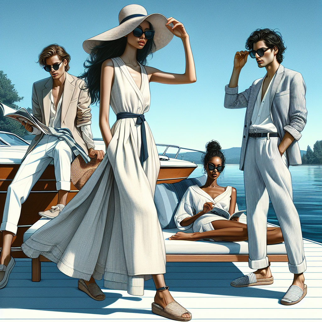 Stunning Summer Styles for Wakes: Effortlessly Perfect Visual depiction of a fashion-themed setting on a sunny summer day near a wake. In the foreground, there are three individuals exuding style and grace. An East Asian woman is wearing a light, breezy sundress with a wide-brimmed hat, leaning casually on a well-polished boat. A Middle Eastern man, in light linen trousers and a seersucker blazer, is stretched out on a sun lounger, engrossed in a magazine. And a Black woman, sporting an effortlessly chic jumpsuit complimented by espadrille sandals, is adjusting her large, stylish sunglasses as she gazes out over wake's waters. The blue water and clear sky in the background amplify the fresh and vibrant look and feel of the scene.