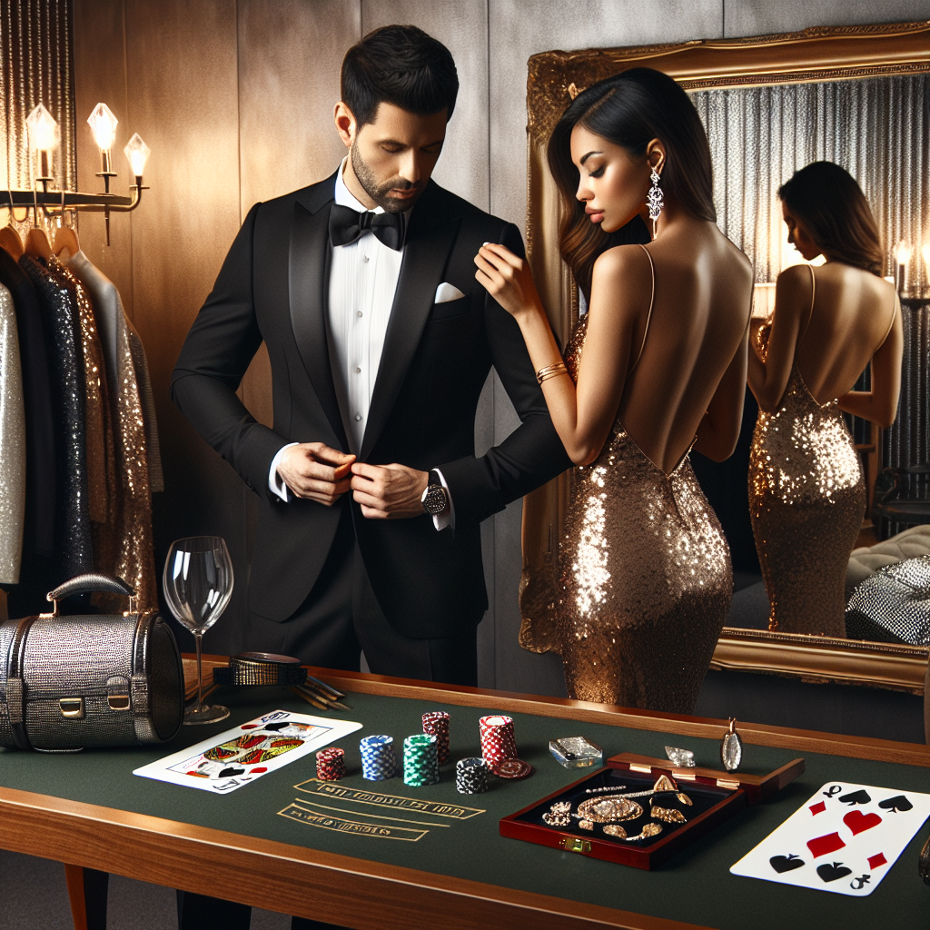 Casino Night Style Guide: Effortless, Stunning Looks A style guide for an elegant Casino Night. The image should feature a man and a woman getting ready for the night. The man is of South Asian descent and the woman is Hispanic. He's suiting up in a svelte black tuxedo with a matching bow tie, while she's putting on a dazzling sequin dress in gold. The background is a lavishly furnished room with a full-length mirror reflecting their attire. On the wooden table, there's a set of sparkling jewelry and a stylish briefcase marked with playing card symbols adding to the Casino theme. Create a balanced composition that has elegance and flair.