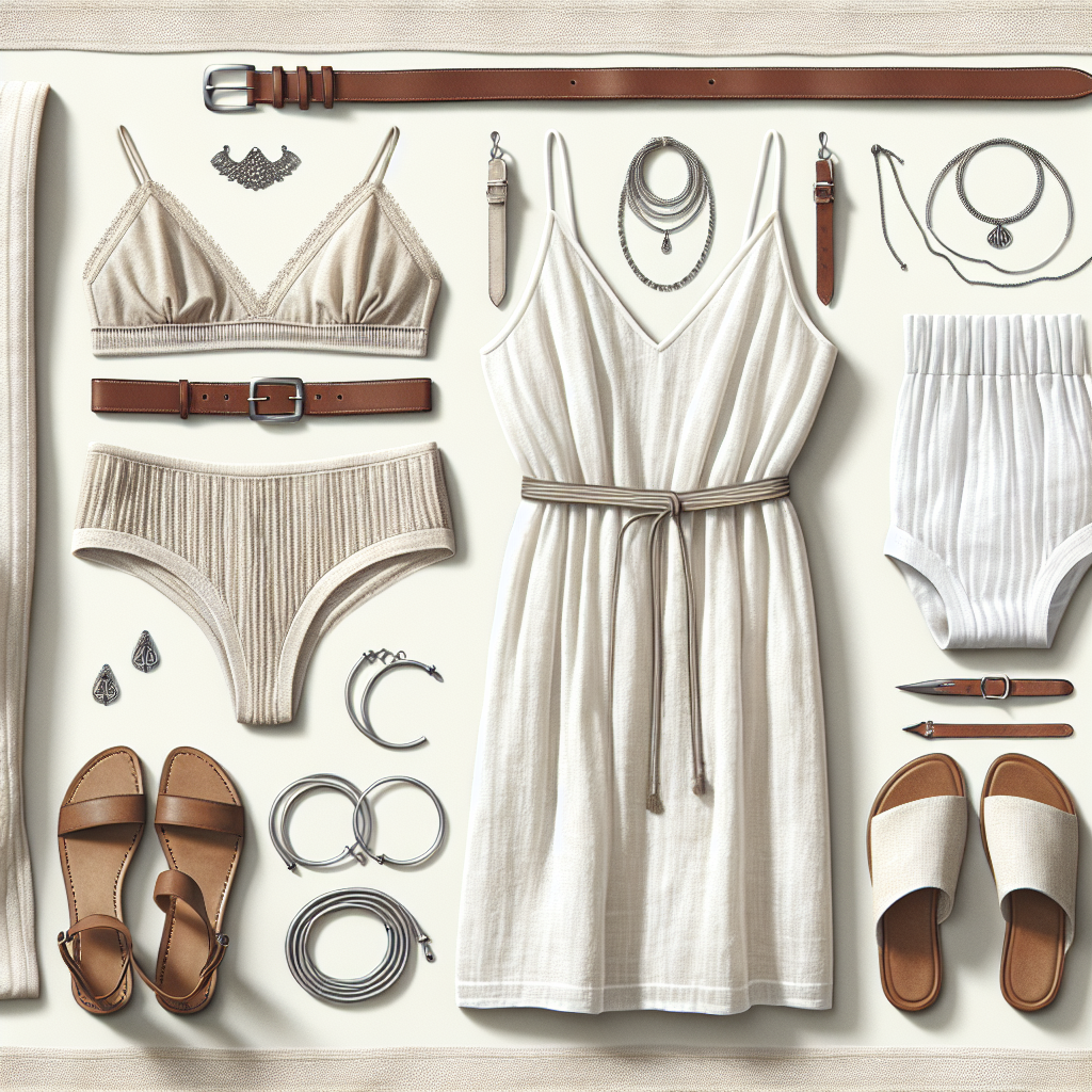 Stunning Essentials: What to Wear Under a White Linen Dress Create an image showcasing typical fashion essentials under a white linen dress. Display a variety of undergarments like a neutral-tone slip, seamless underwear, and a strapless bra. Alongside, show style-enhancing accessories such as a classic leather waist belt, silver layered necklace, and ankle-strap sandals. Also, depict these items on a flat surface in an ordered manner, perhaps next to a folded white linen dress for context. Remember to maintain a classy and chic vibe throughout the image.