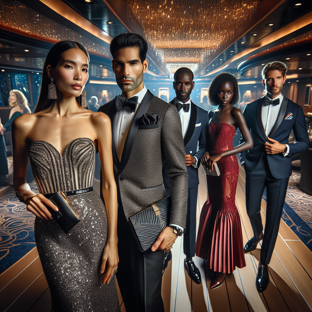 A detailed view of a group of people dressed in stunning night attire, ready for a cruise. In the forefront, a woman of Hispanic descent is wearing a glittering silver evening gown, accessorized with a fashionable clutch bag, while a Middle-Eastern man is in a tuxedo with a pocket square. Further, a Black woman is adorned in a sleek red cocktail dress and a South Asian man seen in a classic navy suit. The backdrop displays luxurious cruise ship interiors with ambient lighting that brings a sense of evening elegance to the entire setting.
