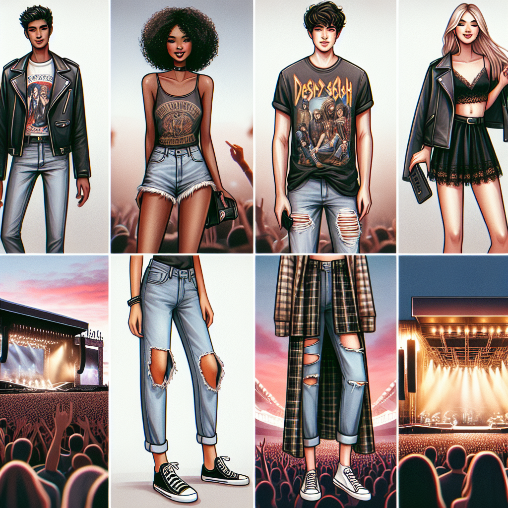 Effortless Outfits for a Robbie Williams Concert A collage displaying effortless concert outfits typical for pop rock music events. In the top left, a Black woman is wearing a chic leather jacket and skinny jeans with a graphic t-shirt. In the top right, a Caucasian man is sporting an edgy and casual ensemble consisting of distressed denim and a band t-shirt. The bottom row has a South Asian woman donning a stylish and comfortable sundress with sneakers, and a Middle-Eastern man in ripped jeans and a loose shirt. The center should hold a vibrant image of a typical stage at a pop rock concert.