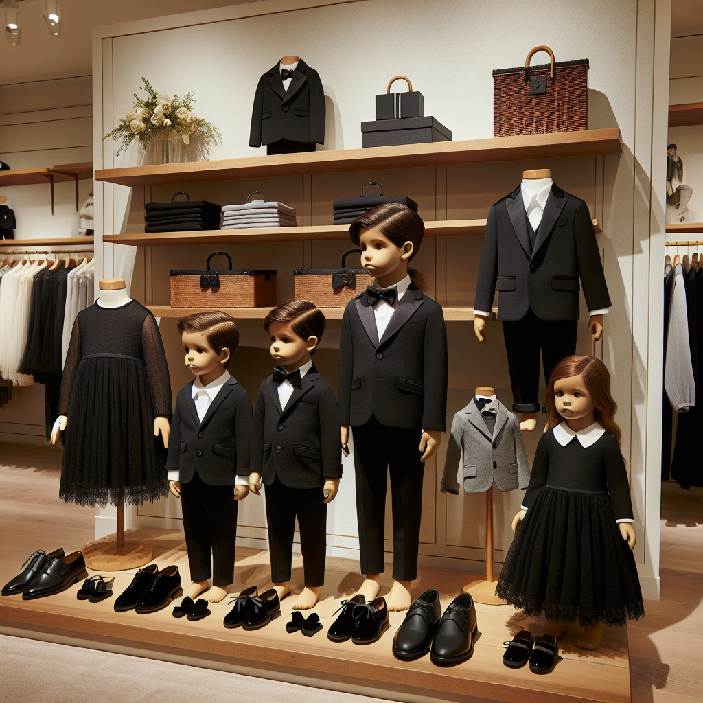 Dress To Impress: Must-Have Funeral Attire for Kids A collection of formal attire for children at a somber occasion like a funeral is spread out. We see a shelving setup displaying neatly arranged items such as small black suits for boys, black dresses with white collars for girls, formal shoes, and tiny accessories like ties and hair ribbons. An adjacent mannequin set includes a Hispanic boy and a Caucasian girl wearing this funeral attire, looking respectful. The background is a tastefully designed store interior with soft lighting to suit the solemn theme of the attire collection. All the items are tastefully designed for youngsters to wear to a funeral, combining comfort with formality.