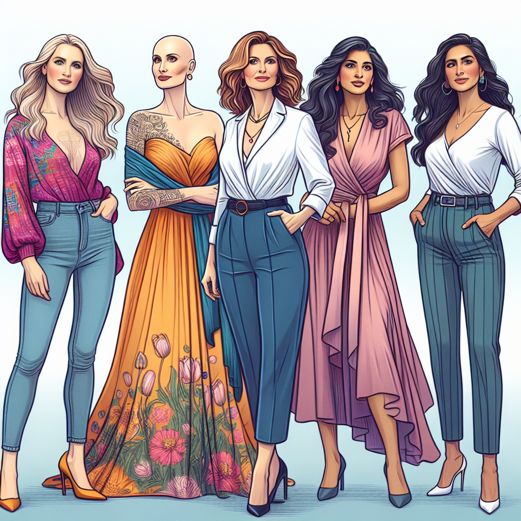 Mastectomy Style Guide: Must-Have Looks & Tips An empowering image showcasing the diversity and beauty of women who have undergone mastectomy surgeries. Picture a scene featuring four women standing together with pride. The first woman, a Caucasian in her mid-30s, is wearing a vibrant blouse and high-waisted jeans. Next to her, a Middle-Eastern woman, around 50, elegantly draped in a flowing dress. The third woman, of South Asian descent in her 20s, is dressed in a modern business suit. Finally, a confident Hispanic woman in her 40s sporting a stylish casual outfit. All expressing confidence and resilience, embracing their post-surgery bodies.
