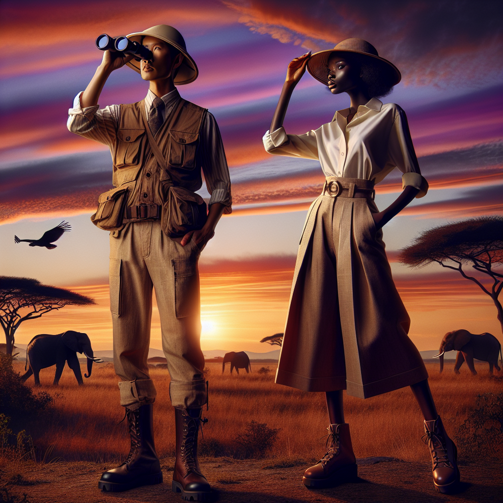 Stunning Safari Styles: Effortless Elegance for the Wild Picture a scene set in a glorious African savanna at sunset with streaks of orange and purple light painting the sky. To the left, an Asian man in a classic safari outfit - khaki technical vests, linen trousers and protective leather boots, is attentively peeking through his binoculars. On the right, a Black woman exudes effortless elegance in a crisp linen shirt and full-length safari skirt paired with sturdy walking sandals. Both are accessorized with wide-brimmed hats for sun protection. In the background, silhouettes of acacia trees and wildlife like elephants and zebras can be spotted.