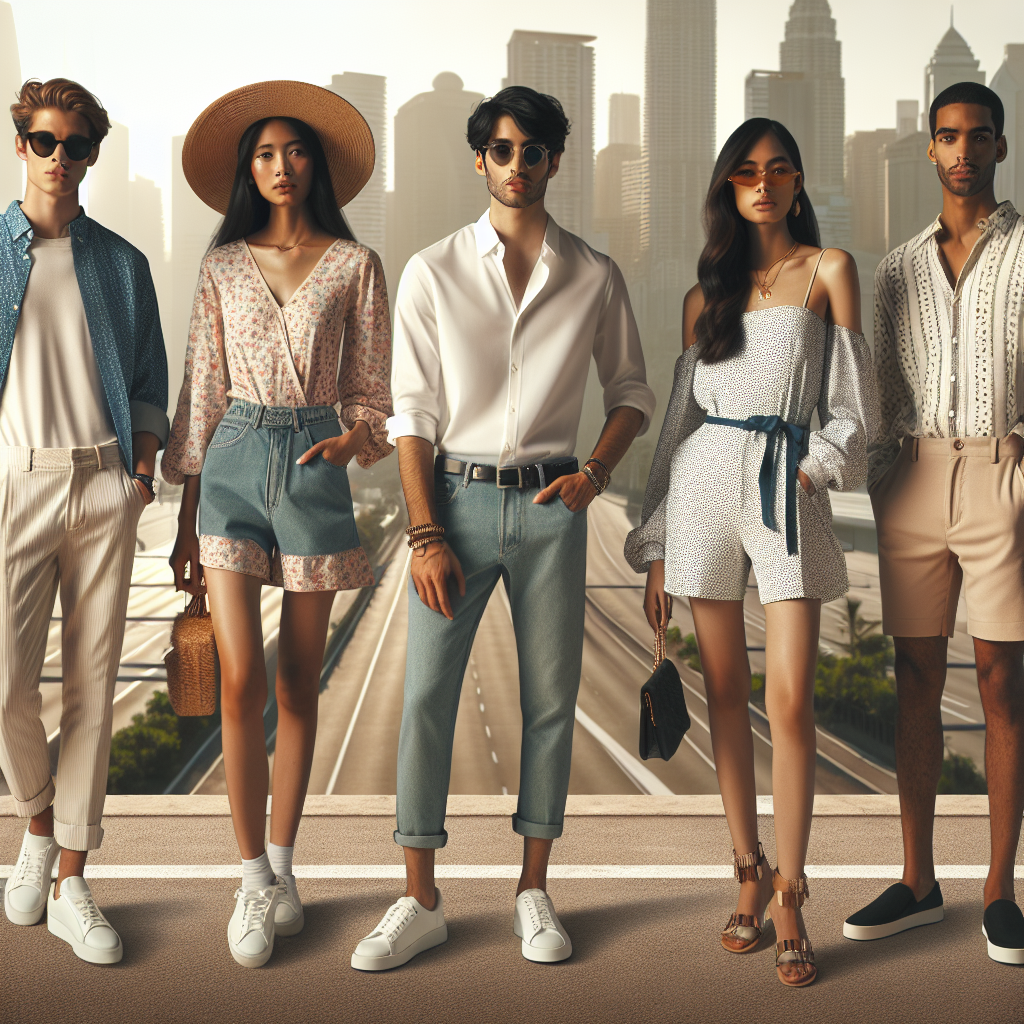 Brunch Outfit Ideas: Stunning & Effortless Styles Imagine a cityscape in the morning light with a group of diverse individuals showing their brunch outfit ideas. Include one person who is South Asian female wearing a trendy floral summer dress with white sneakers and a straw hat. Another one is a Hispanic male with a smart casual outfit, a crisp white shirt paired with blue denims and stylish sunglasses. Add a Middle-Eastern female in a chic jumpsuit accessorized with gold jewelry and block heels. Lastly, feature a Black male flaunting a laid-back look with a patterned shirt, chino shorts and loafers.