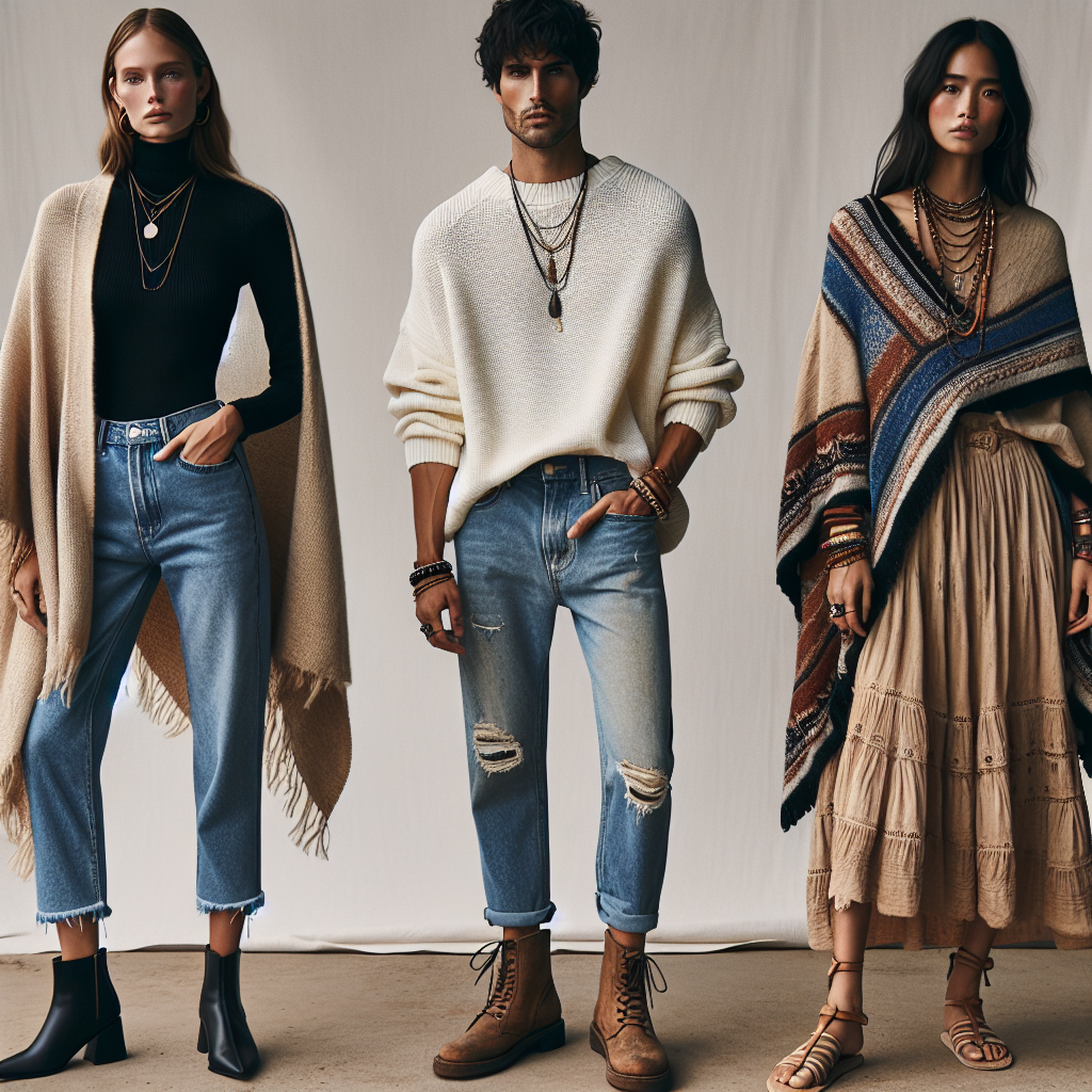 Must-Have Styles to Wear Under a Poncho A fashion-focused scene of three individuals showcasing different styles to wear under a poncho. The first individual, a Caucasian woman, displaying a casual chic look with a fitted black turtleneck, high-waist blue jeans and ankle boots. The second person, a Hispanic man, showing a relaxed, cold-weather style with a white thermal shirt, ripped denim jeans, and lace-up boots. The final character, a South Asian woman, sports a bohemian style with a flowing maxi dress in earthy tones, layered necklaces, and strappy sandals. The background can be a simple, neutral backdrop that does not distract from the showcased outfits.