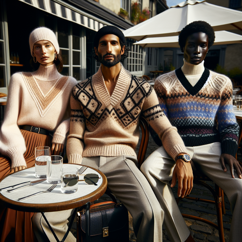 Envision a moment of elegant dining. The scene unfolds at a quaint bistro outdoors, under the clear azure sky. In the center, see three fashion-forward individuals of different descents: a Caucasian woman, a Middle-Eastern man, and a Black woman, each stylishly donned in V-neck sweaters. Their ensembles vary, radiating coziness yet sophistication. The sweaters exhibit a wide variety of colors and textures - knitted, cashmere, hued in soft pastels, deep moody tones, or playfully patterned. Each is paired differently: perhaps with jeans, slacks, or pleated midi-skirts. Accessories complete their looks, with complementary scarves, chic hats, stylish wristwatches, and leather bags.