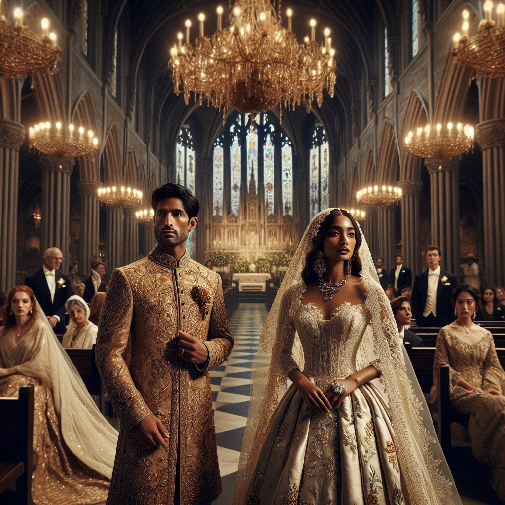 Formal Wedding Styles: Exclusive & Effortless Elegance Imagine an elegant scene set at a formal wedding ceremony. In the foreground, a South Asian groom, wearing a traditional Sherwani, his garments adorned with intricate golden embroidery and the mother-of-pearl cufflinks glinting under the ornate chandeliers. To his side, a Hispanic bride, exuding effortless elegance in a lustrous, vintage silk wedding gown, her veil adorned with delicate lacework. The background beautifully captures the grandeur of the venue - a 19th-century neo-Gothic cathedral with stained glass windows. Guests of diverse descents, dressed in their respective traditional formal attire, add to the rich cultural tapestry of this wedding.