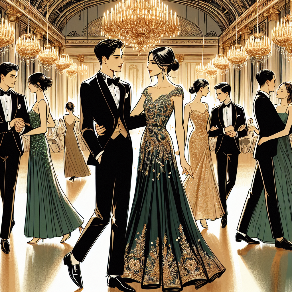 Must-Have Looks for Formal Dances: Effortlessly Chic Visualize an elegant scene of a formal dance. Depict a grand hall lit by ornate chandeliers casting golden light. There are several pairs dancing in well-coordinated steps; a diverse representation of couples made up of different descents and genders. Two of the dancers stand out: one is a stylishly dressed East-Asian man in a perfectly tailored black suit and a bow tie, and his partner, a gracefully dressed South Asian woman wearing an emerald green, intricately embellished formal gown, carries an aura of effortless chic. Include minute details that demonstrate the essence of a traditional formal dance mixed with modern fashion elements.