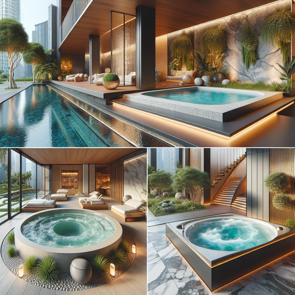 Imagine a diverse selection of high-end, stylish jacuzzi styles. One is nestled in a tranquil outdoor setting with cool, elegant stone surroundings flanked by lush plants. Another, a rectangular, indoor jacuzzi, sits next to panoramic windows, offering splendid city views. A third jacuzzi, with a unique, circular design, is found in a private, indoor space, with warm, mood lighting and carefully chosen decor completing the effortless and chic vibe.